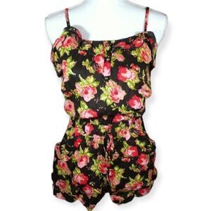 CONFESS BLACK, PINK, & GREEN FLORAL ROMPER SZ.M EUC